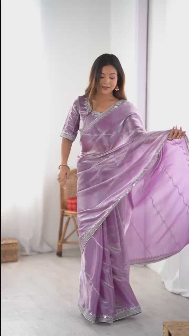 Elegant Lavender Color Embroidery + Therd Work Saree