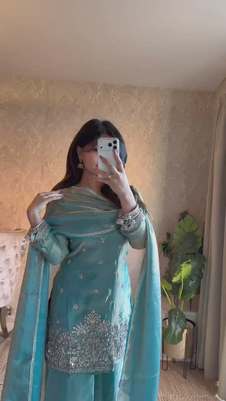 Aqua Blue Fendy Silk Embroidered Pakistani Suit Set