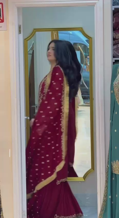 Maroon Georgette Diamond Embroidery Sharara Suit Set