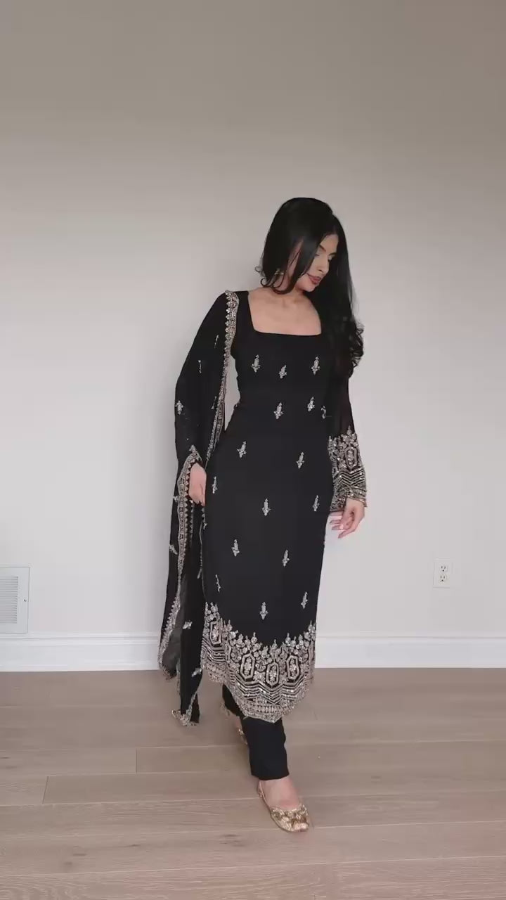 Ethnic Black Color Gorgette Sequnce Work Kurta Set