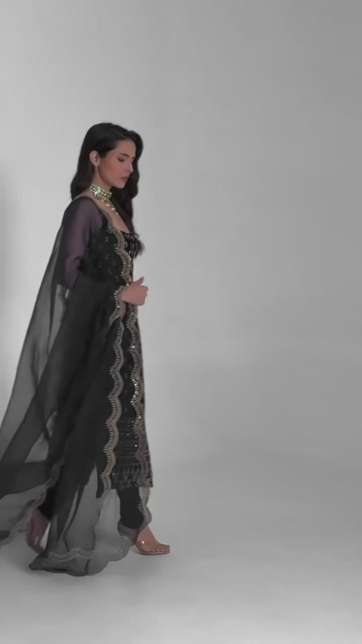 Elite Muse Black Color Roman Glass Kurta With Dupatta Set