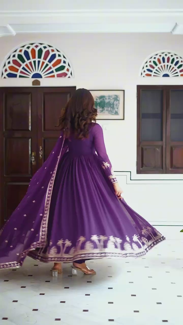 Purple Faux Georgette Thread Sequence Anarkali Suit