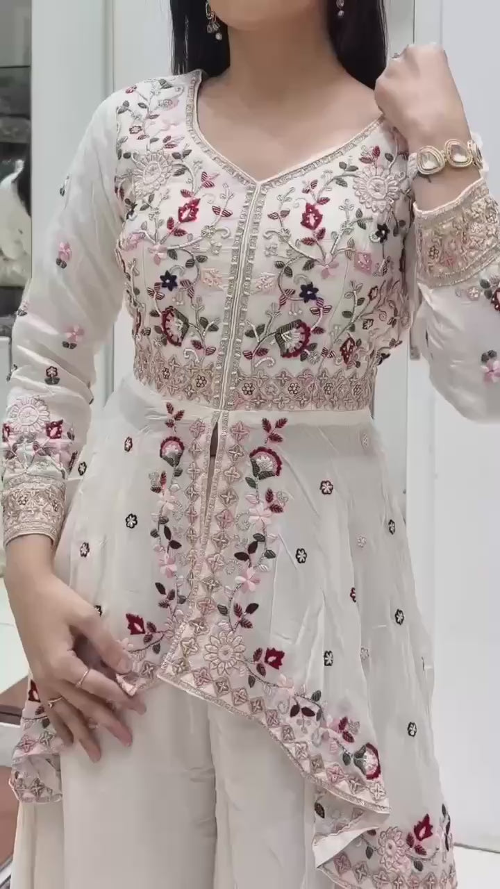 Ivory Floral Designer Rangoli Silk Suit Set