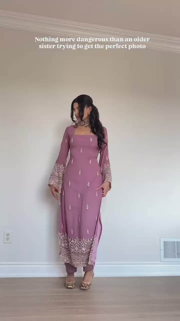 Korean Style Onion Color Gorgette Kurta Set With Dupatta