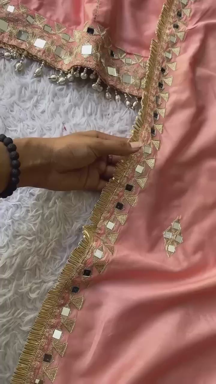 Elegance Peach Color Suit Set With Embroidered Tulip Dhoti And Dupatta