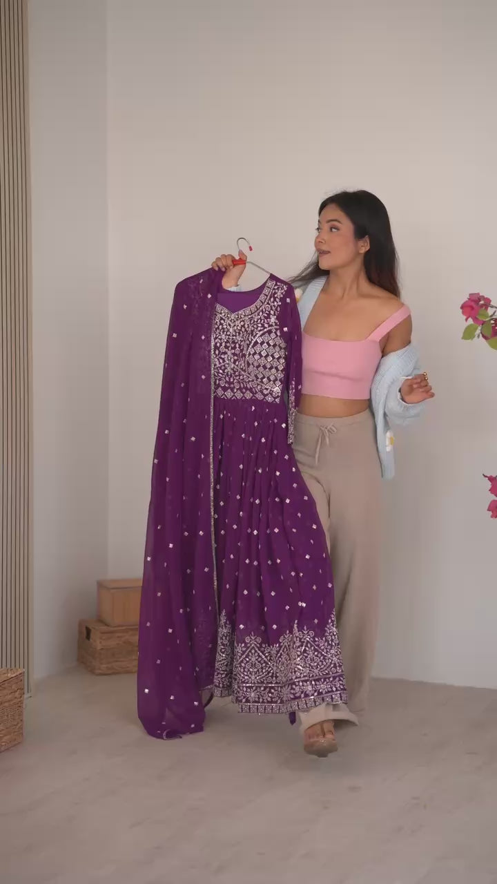 Purple Designer Embroidered Faux Georgette Anarkali Suit