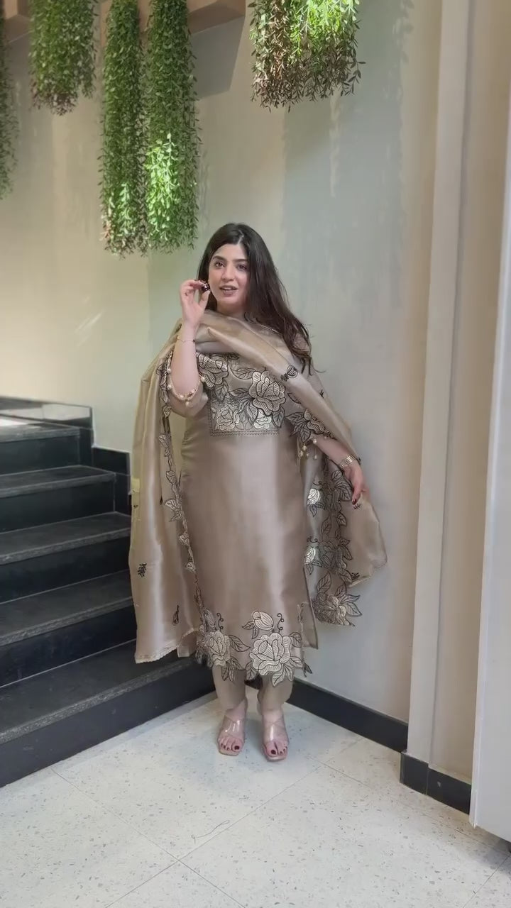 Champagne Beige Premium Chanderi Suit Set