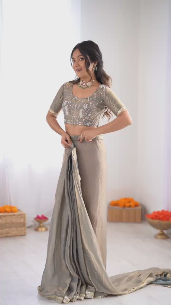 Festive Grey Fendy Silk Ready To Wear Saree With Unstitch Blouse