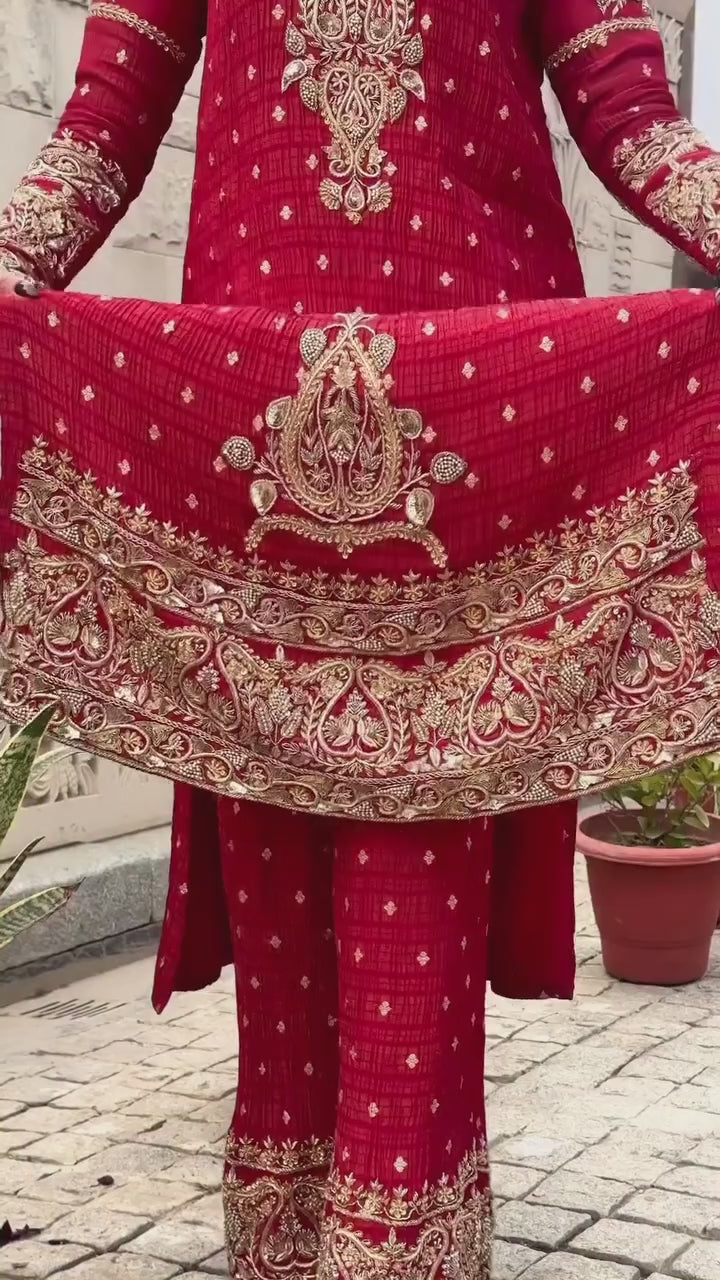 Royal Red Embroidered Festive Kurta with Dupatta Set
