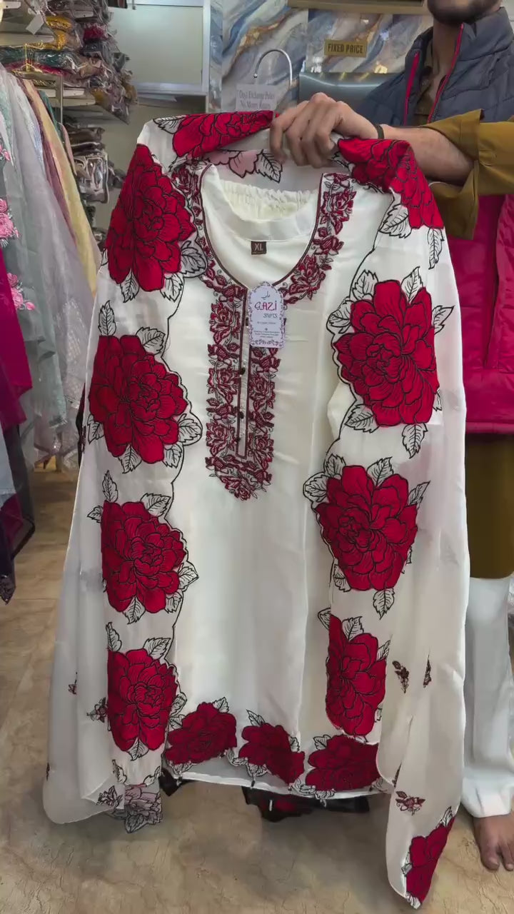 Floral White Color Soft Micro Cotton Three Piece Suit