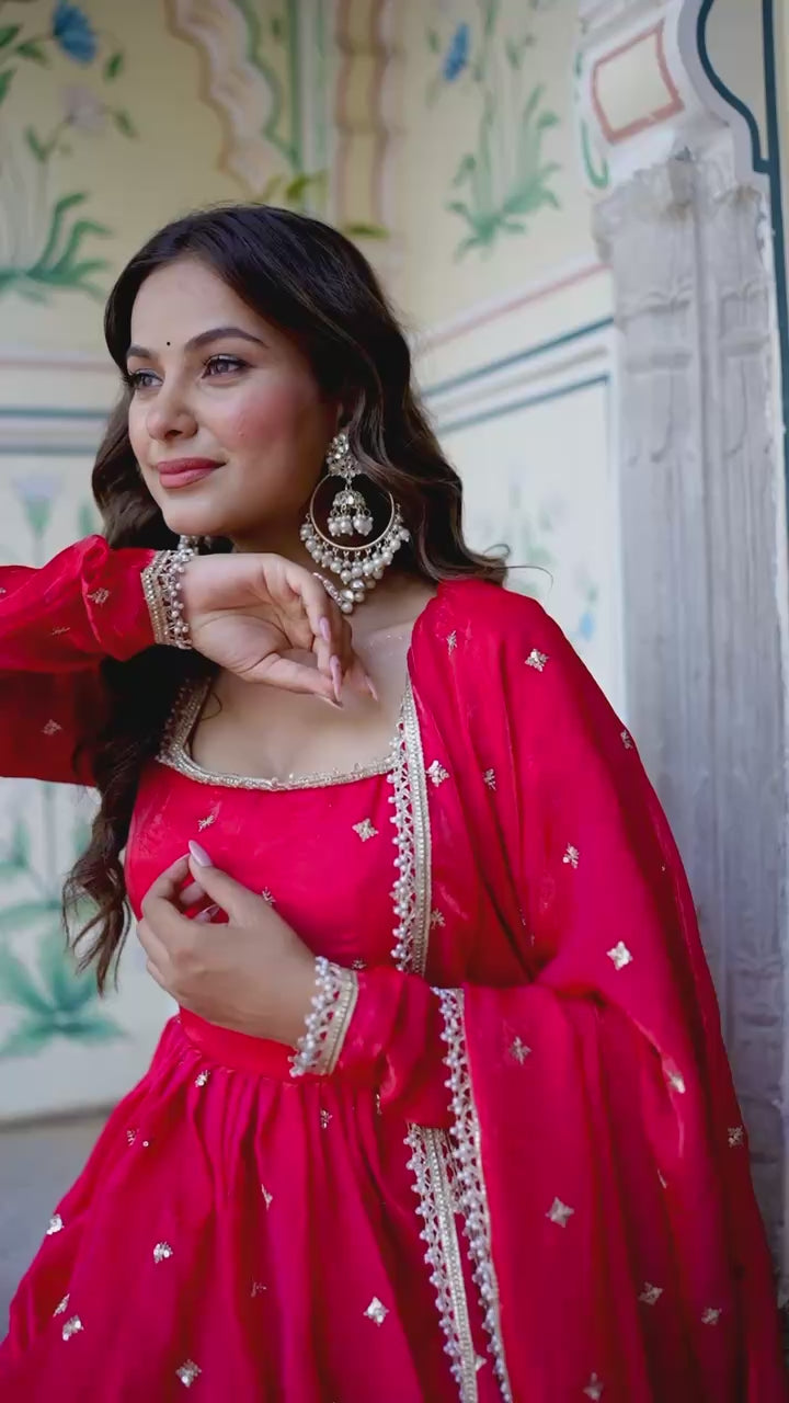 Viral Fit Red Color Fendi Silk Embroidery with Sequnce Work Anarkali Suit