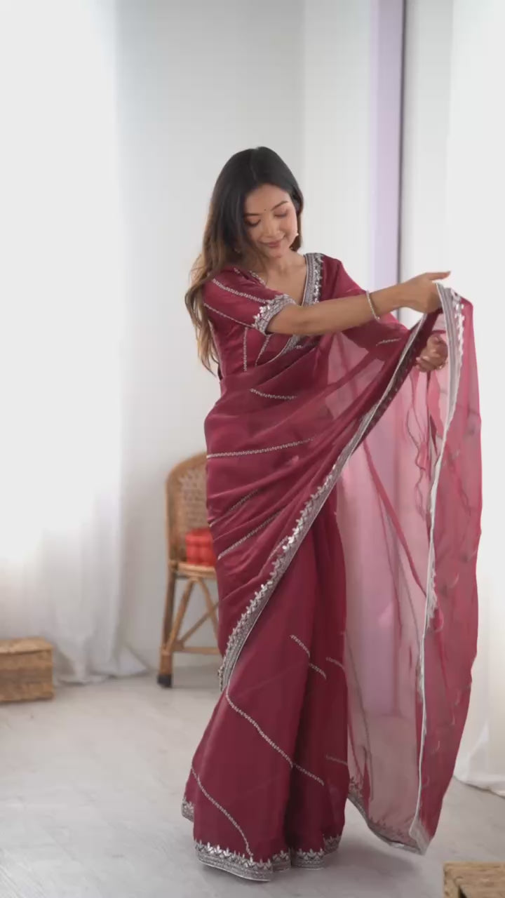 Elegant Maroon Sequins Embroidery Work Silk Saree