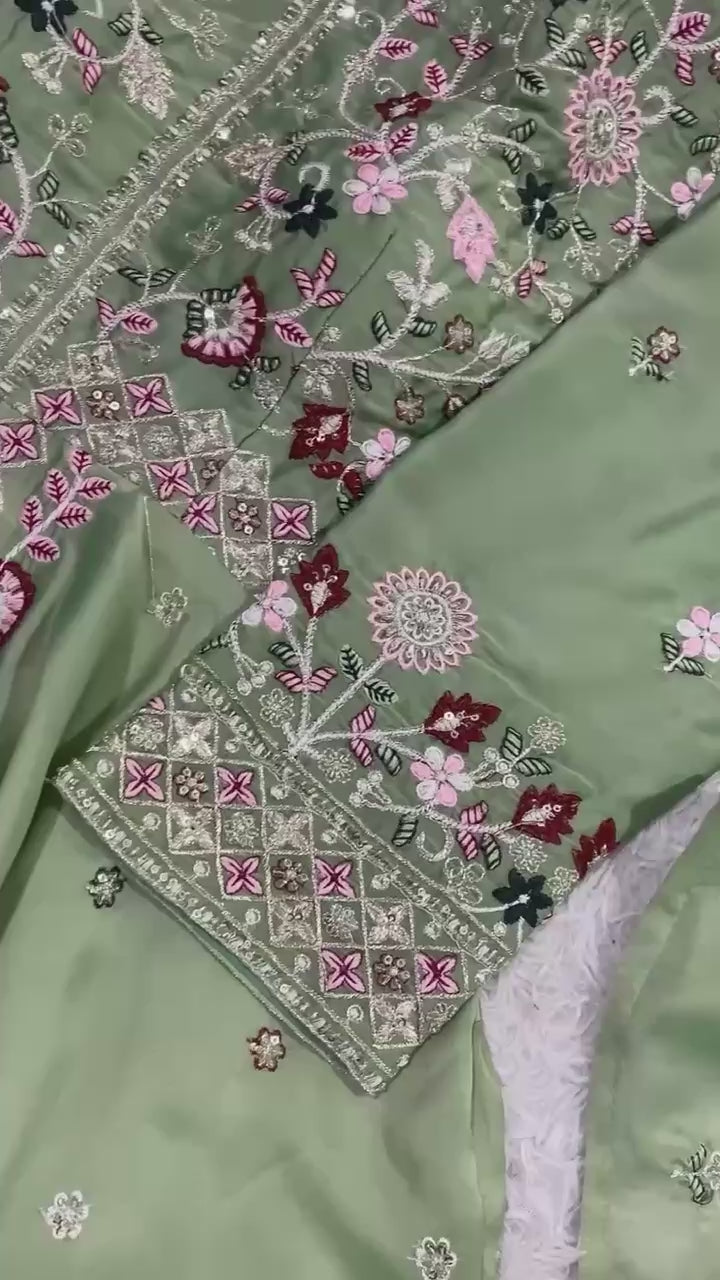 Pistachio Green Floral Designer Rangoli Silk Palazzo Suit Set