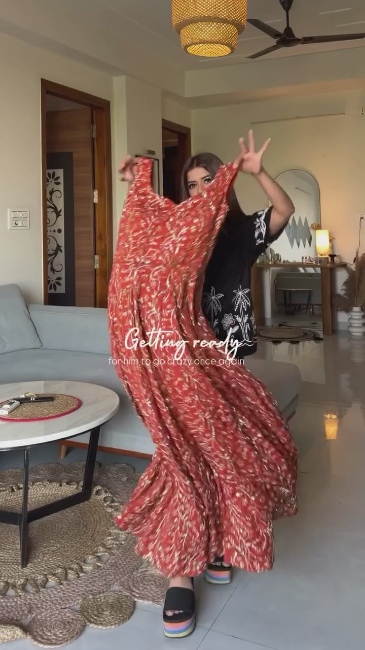 Rust Gold Shimmer Party Wear Flared Designer Gown
