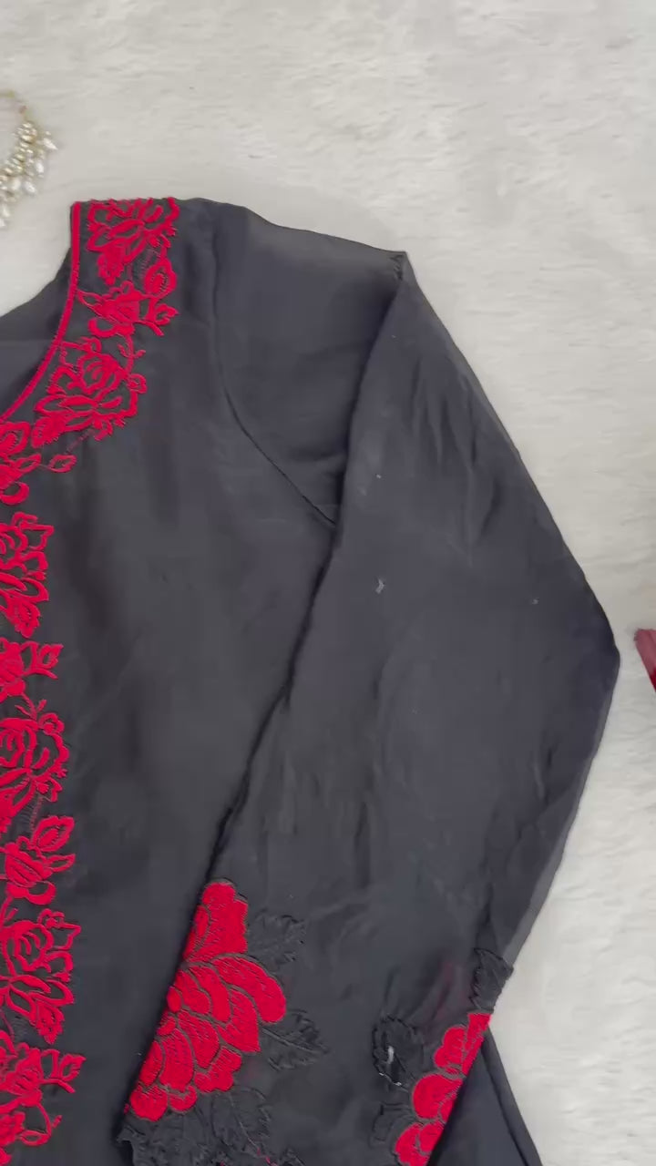 Elegent Black Red Thread Work Three Piece Suit