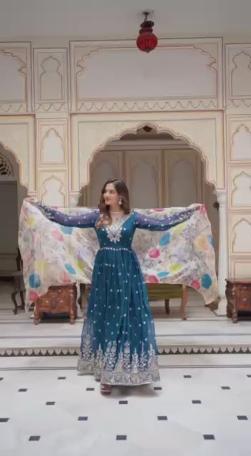 Graceful Blue Colour Georgette Sequnce Work Gown Set