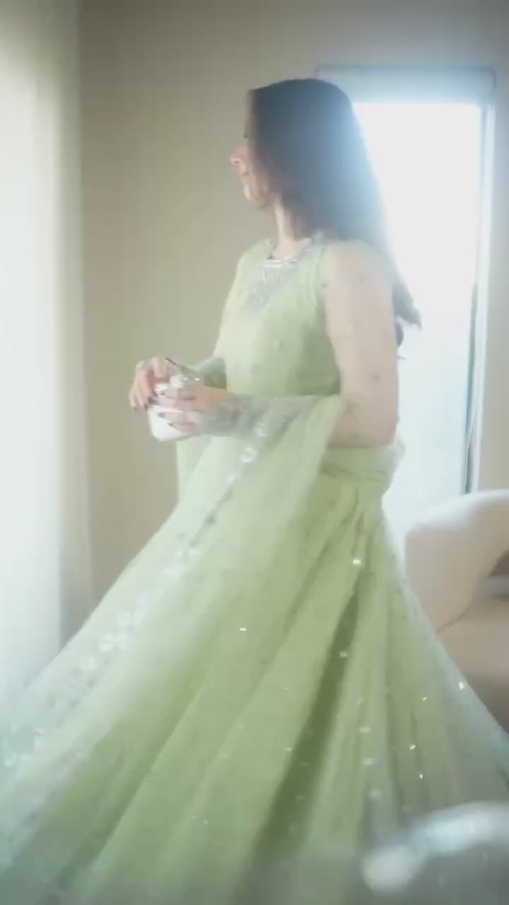 Magnificent Pista Colour Foux Gorgette With Thread Work Lehengha Set