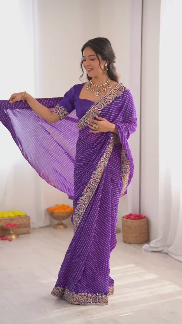 Lavender Trendy Drapes Geogette Badhani Print Saree With Unstich Blouse