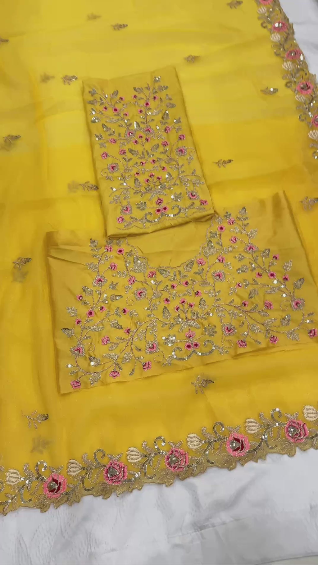 premium Soft chiffon Silk fabric with C-pallu Embroidery Work Yellow Saree