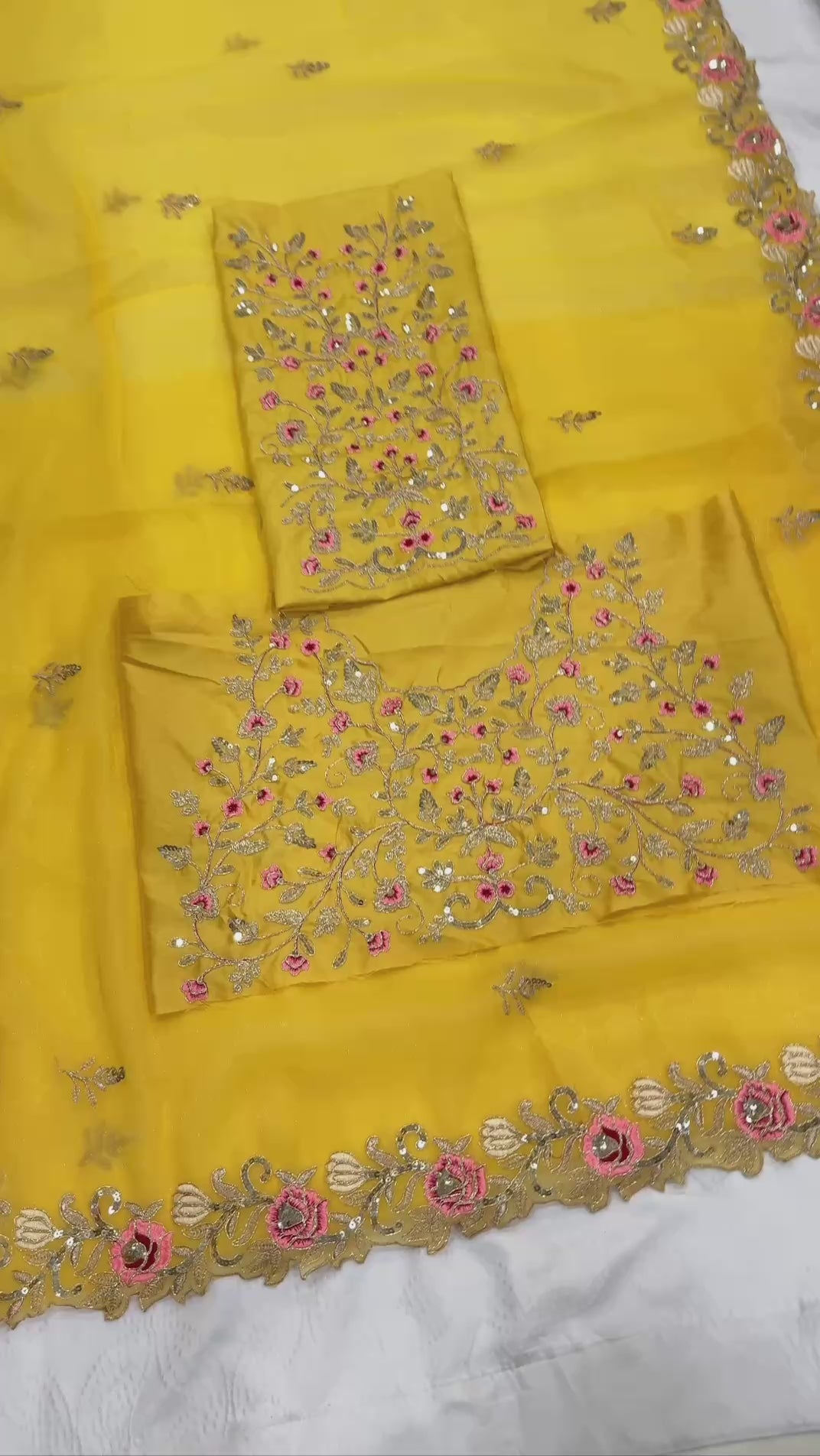 premium Soft chiffon Silk fabric with C-pallu Embroidery Work Yellow Saree