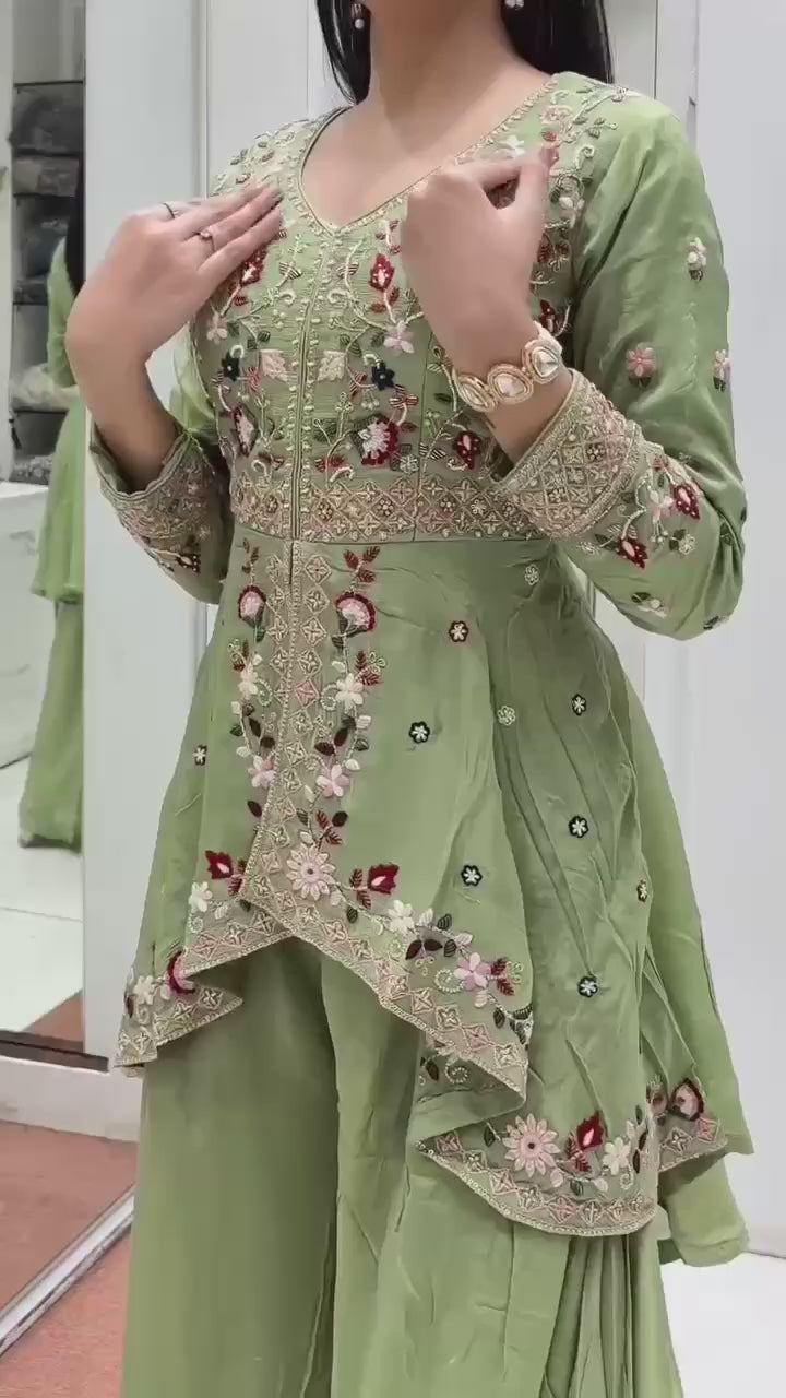 Pistachio Green Floral Designer Rangoli Silk Palazzo Suit Set