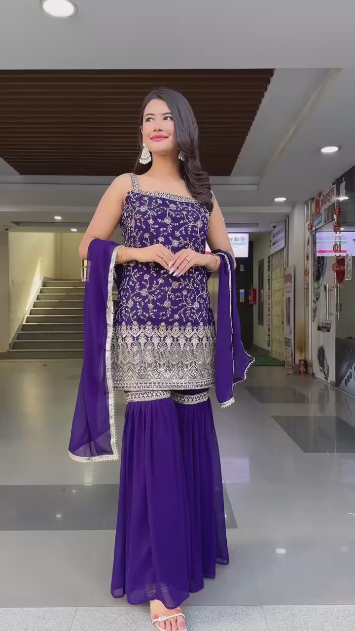 Purple Colour Foux Gorgette Sharara suit With Kurta and Dupatta